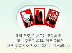 게임 도중, 이벤트가 등장할 때 보이는 것으로 3개의 화투 중에서 다른 것을 맞추면 추가 득점이 가능합니다.